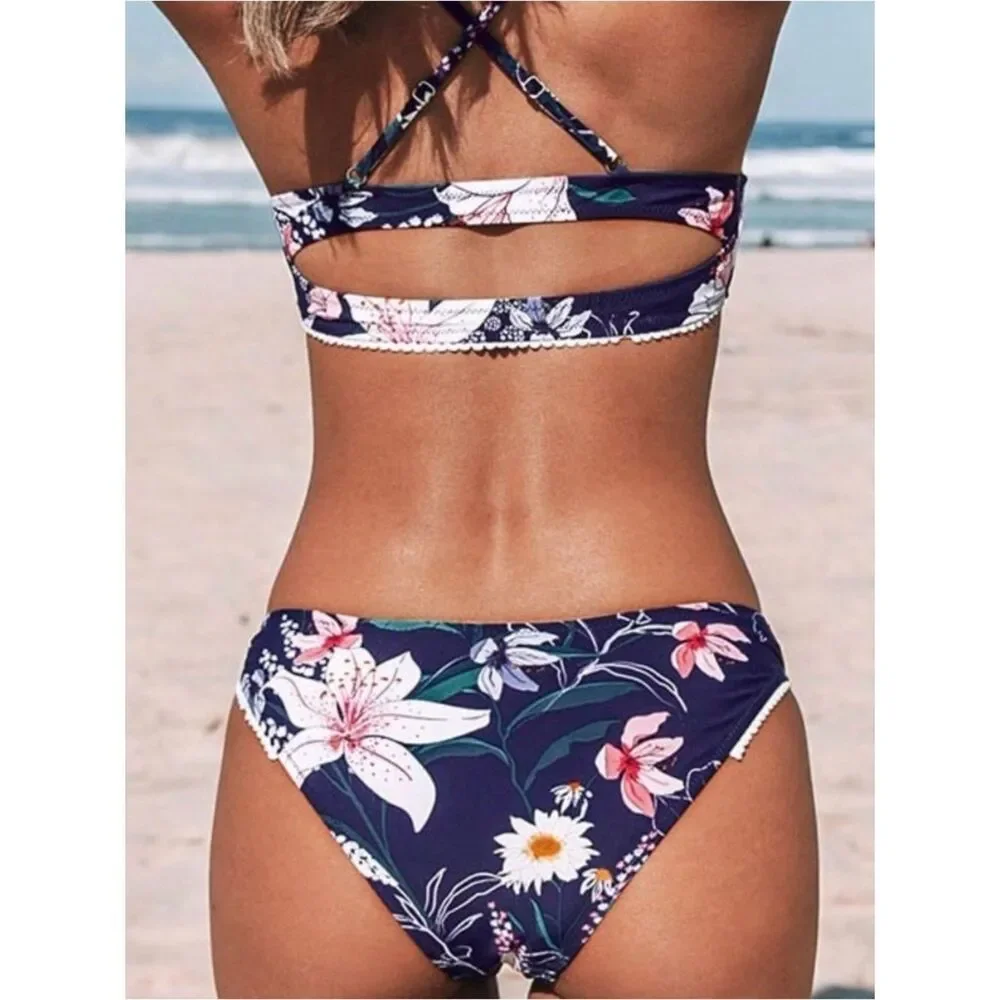 CUPSHE Navy Floral Cutout Bikini | Women’s Large ✨ NEW WITH TAGS